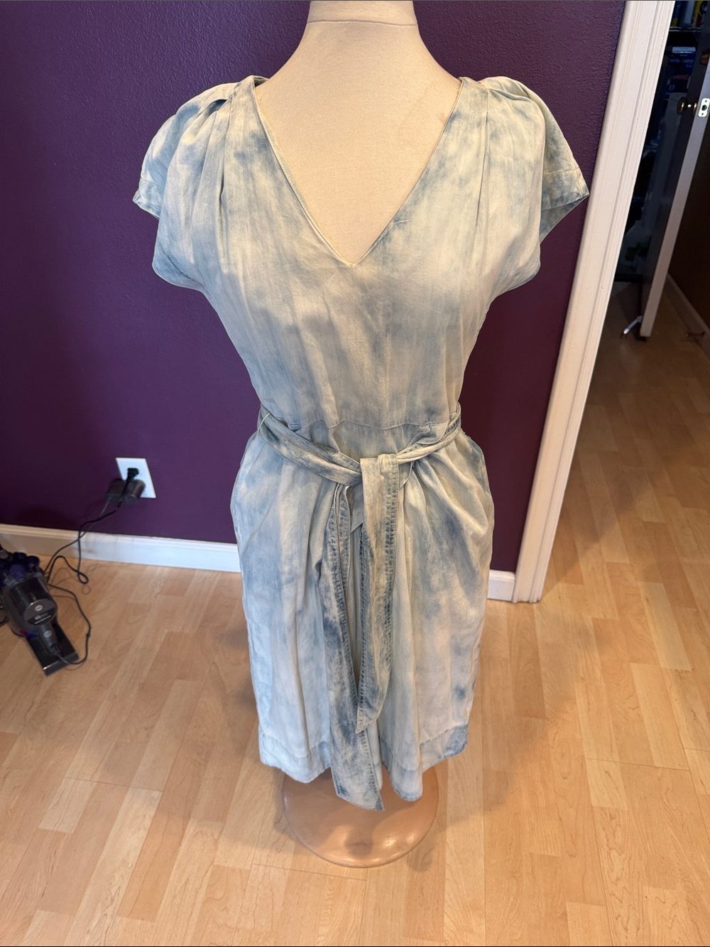 Rebecca Taylor Washed Sky Blue Tie-Waist V-Neck Dress
